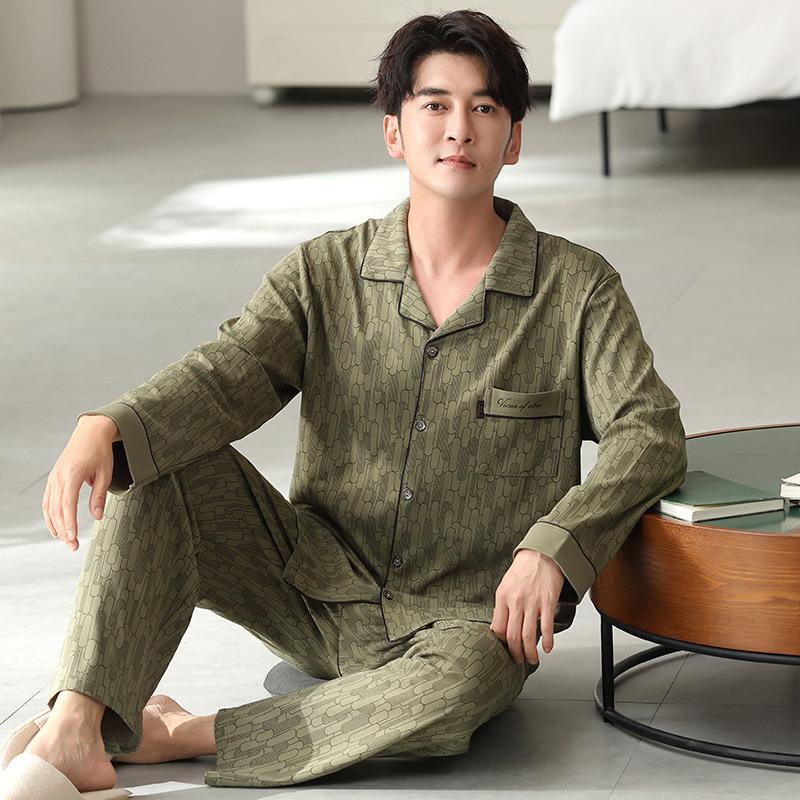 Men'S Pajamas Spring And Autumn Cotton Long-Sleeved Dad Fattened Plus Size Men'S Loungewear Suit