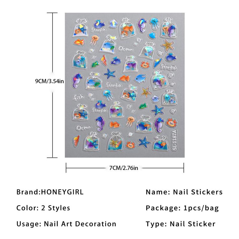 Shiny Goldfish Plastic Bag Seahorses Summer Jellyfish Starfish Shell Conch Koi Water Bubble Star Carp Nail Art Stickers Decals