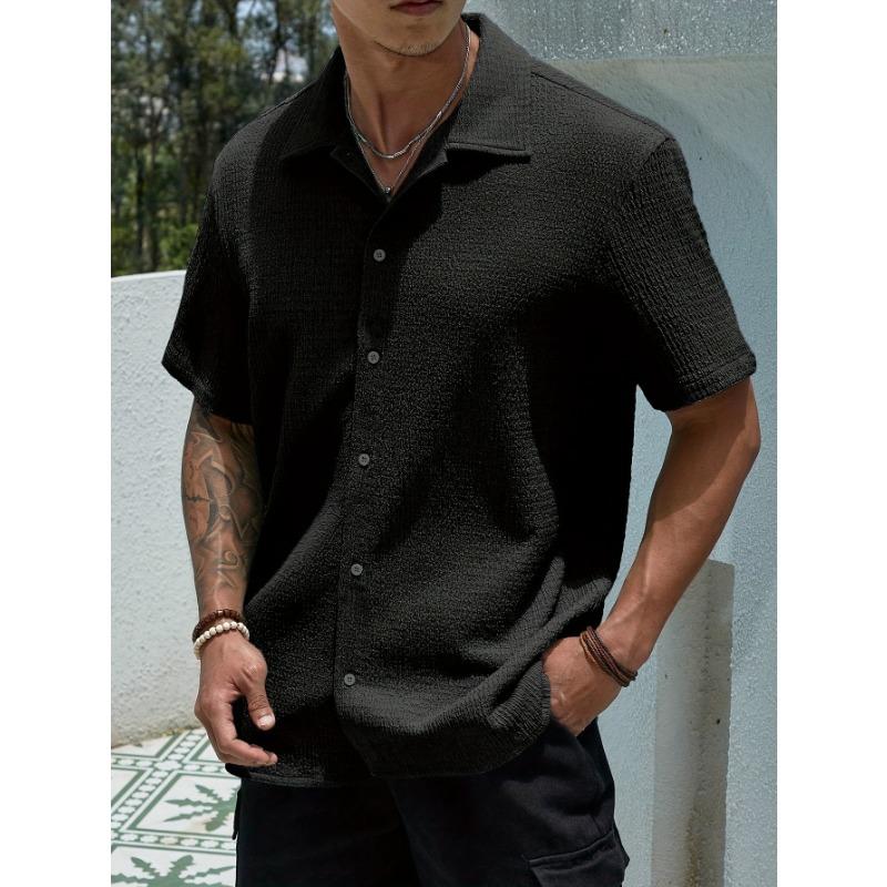 Men Notched Lapel Short Sleeve Shirt Crinkle Waffle Texture Full Button Front Loose Vacation Casual Blouse Tops