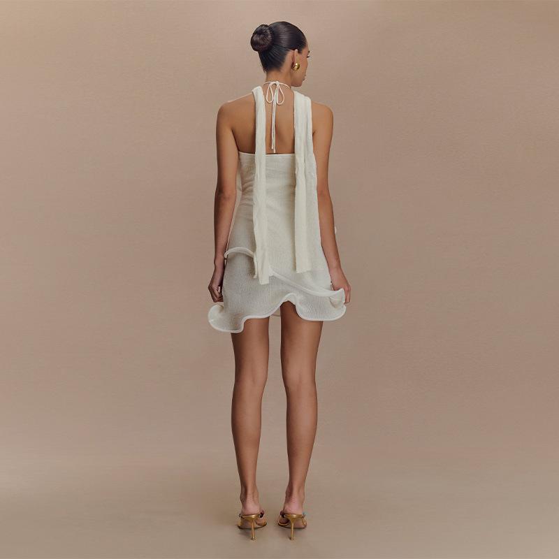 Knitted Halter Mini Dress Sleeveless Crochet Ruffled Tights Short Skirt