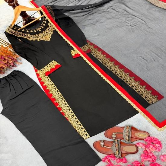Black Silk Kurta Set with Red & Gold Embroidered Borders and Net Dupatta