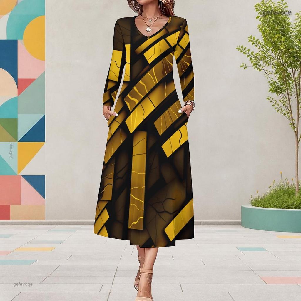 Women Plus Size V Neck Long Sleeve Leopard Print Pockets A Line Midi Dress