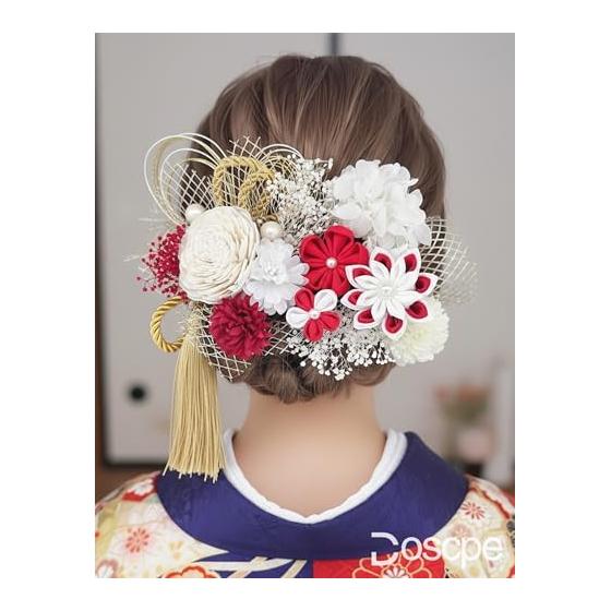 Doscpe 26-Piece Luxury Hair Accessory Set for Formal Occasions - Tsumami Zaiku, Sola Flower, Mizuhiki, Gold Leaf, Kimono, Hakama, Wedding,