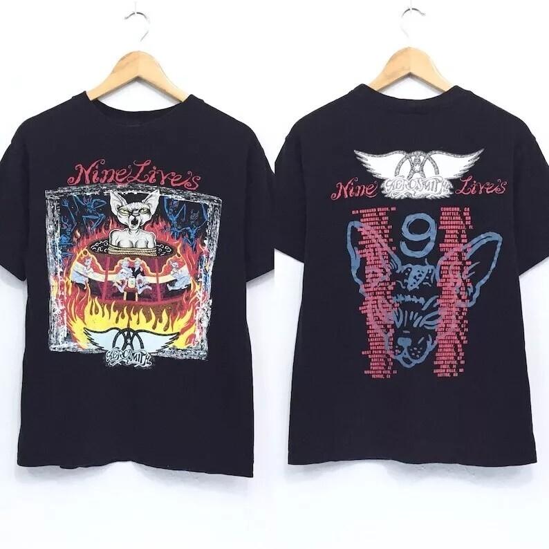 90#039s Aerosmith Band Shirt 1997 Nine Lives Tour 2 Side Black Unisex Tshirt S5XL Unisex T-Shirt L
