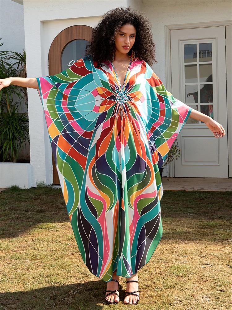 Cheap EDOLYNSA Green Bohemian Women's Kaftan Relaxed Long Dress