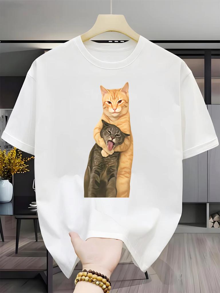 Summer 100 Pure Cotton Unisexs And Unisexs Cat Print Round Neck Short Sleeved Couple Gift Street Casual Loose Breathable Tshirt