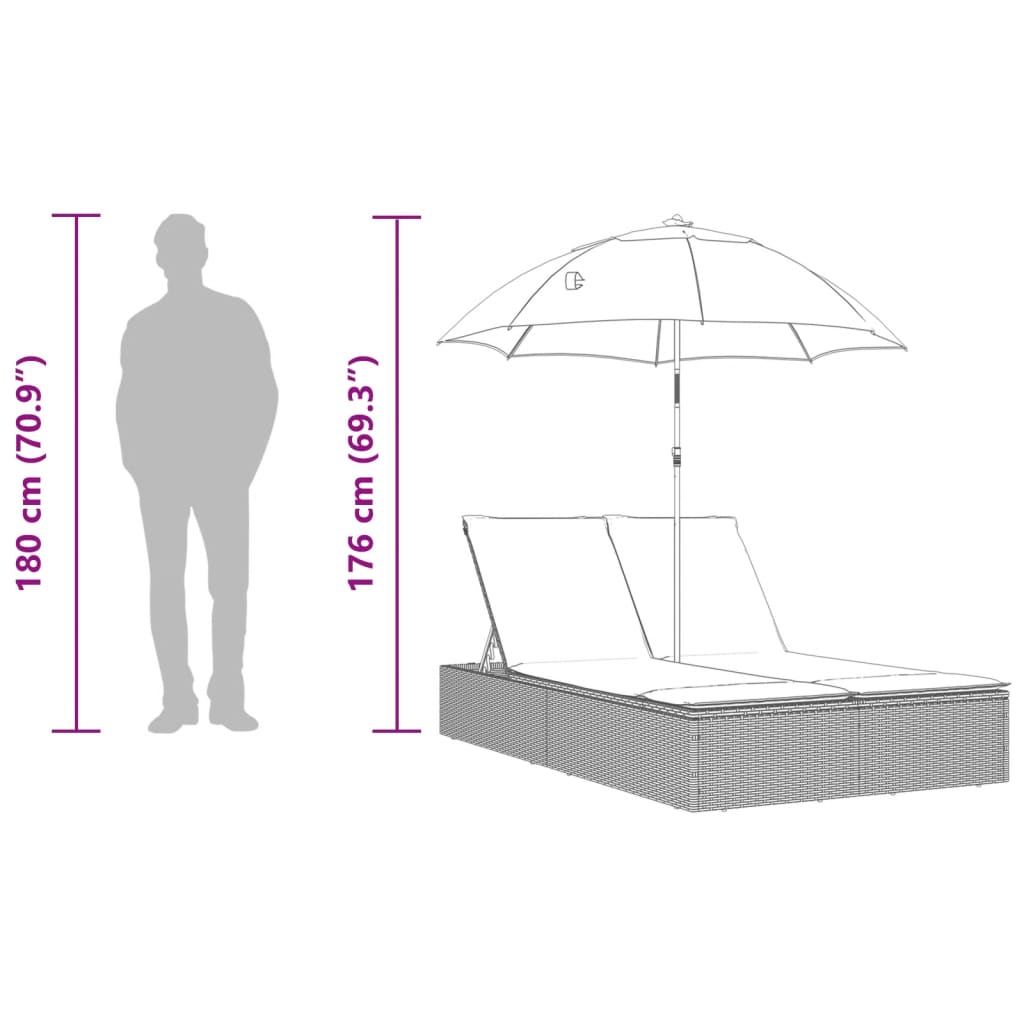 Double Sun Lounger with Cushions & Sun Umbrella Brown Poly Rattan