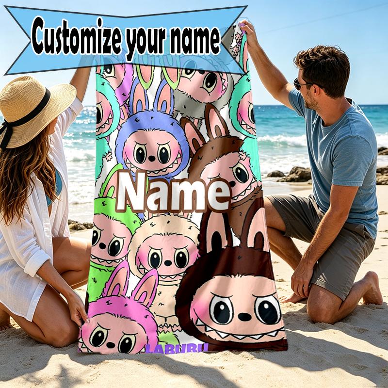 Custom Name Personalized Labubu Print Beach Towel, for Trip Camping Beach Party Home Decor, Birthday Gift for Family & Friends