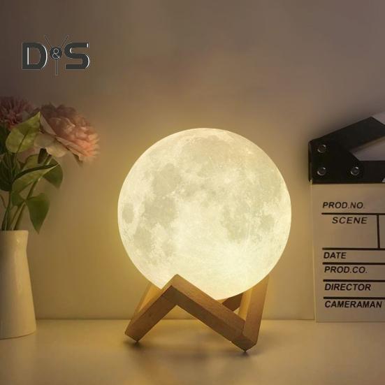 Lampa księżycowa z drewnianą podstawą 16 kolorów RGB, czujnik dotykowy, akumulatorowa, 3D, nocna lampa księżycowa, dekoracja sypialni