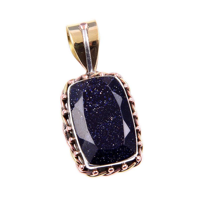 Natural Blue Sunstone 925 Solid Sterling Silver Gift TwoTone Pendant 1.25" d2Z18