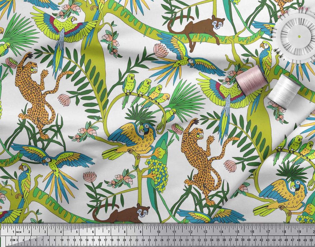 Soimoi Japan Crepe Satin Fabric Branches,Parrot & Leopard Jungle Print Fabric by the metre 42 Inch