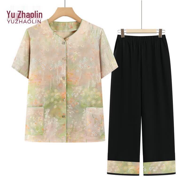 Yuzhaolin Elderly Women's Floral Summer Shirt Set