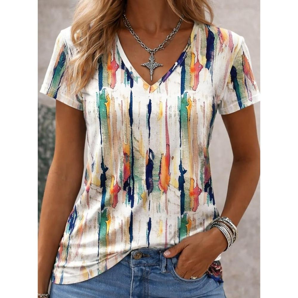 

Women s Abstract Striped Print T-Shirt, V-Neck Short Sleeve Long Tops, Spring Summer XL