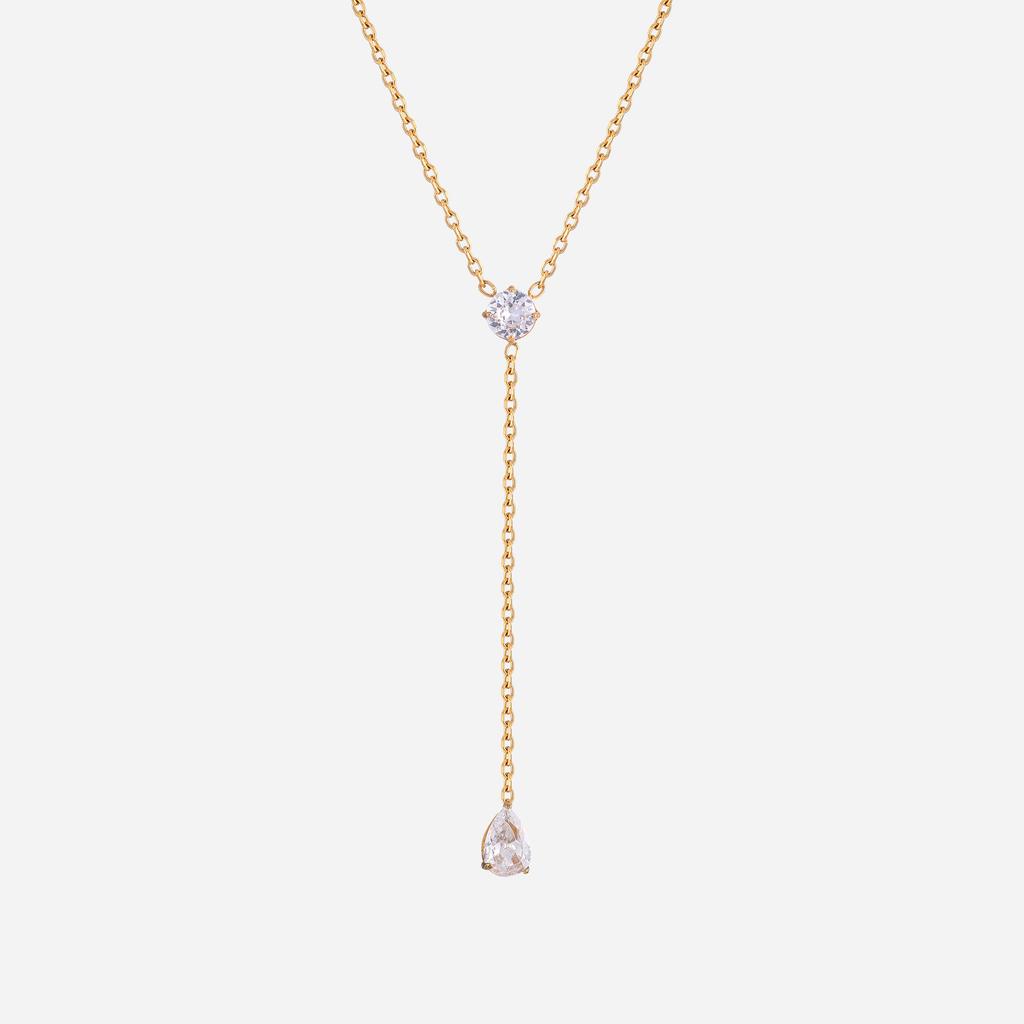 Popular stainless steel round water drop zircon Y-shaped necklace plated with 18k gold waterproof high-end versatile jewelry women
