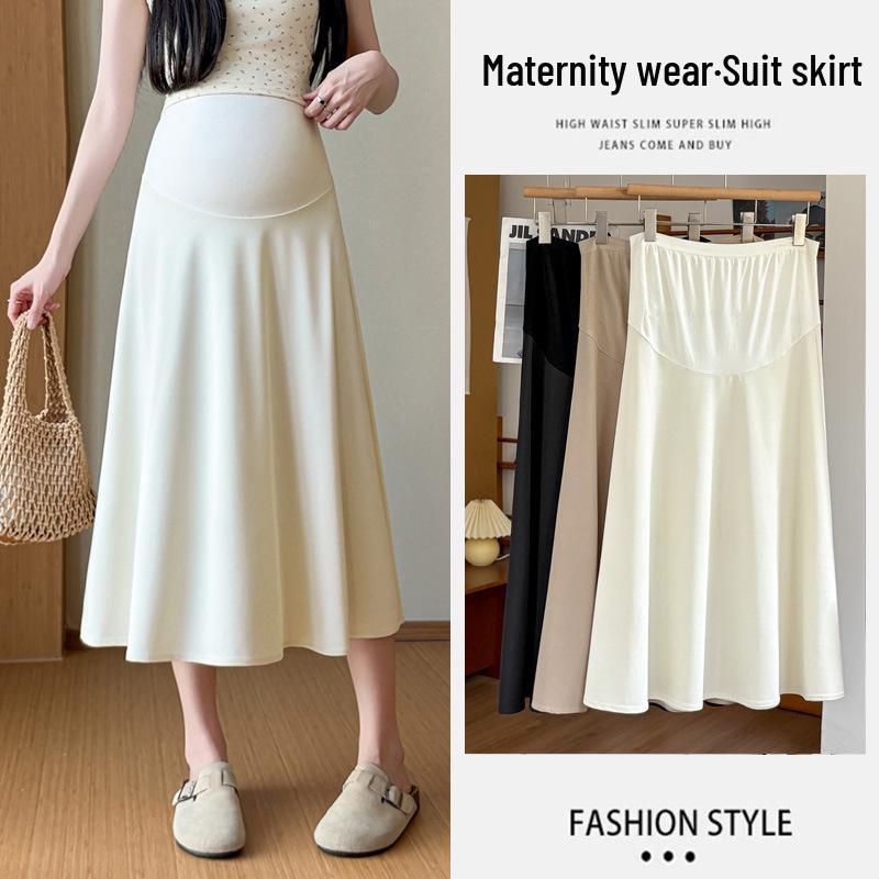 

2026 Spring High-Waisted Maternity Ice Silk Midi Skirt with Tummy Support - Stretchy A-Line Design for Women s Outerwear Extra Large брудно-білий