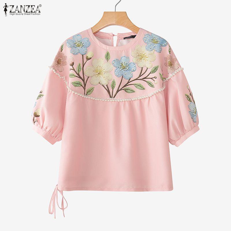 ZANZEA Blusa casual da donna a maniche 3/4 con scollo rotondo e stampa floreale ampia