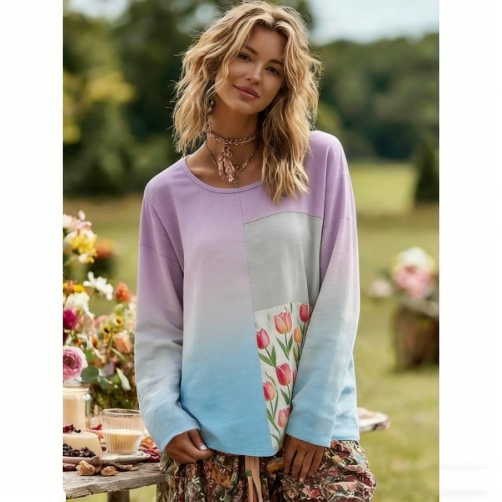 Europe America Fashion Floral Gradient Color Print Pullover Comfortable Women Long Sleeve T-shirt Outdoor Oversized Tees Top