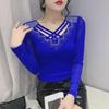Autumn 2022 Fashion: Slim Fit V-Neck Long-Sleeve Women's Top with Mesh and Sparkling Detailing