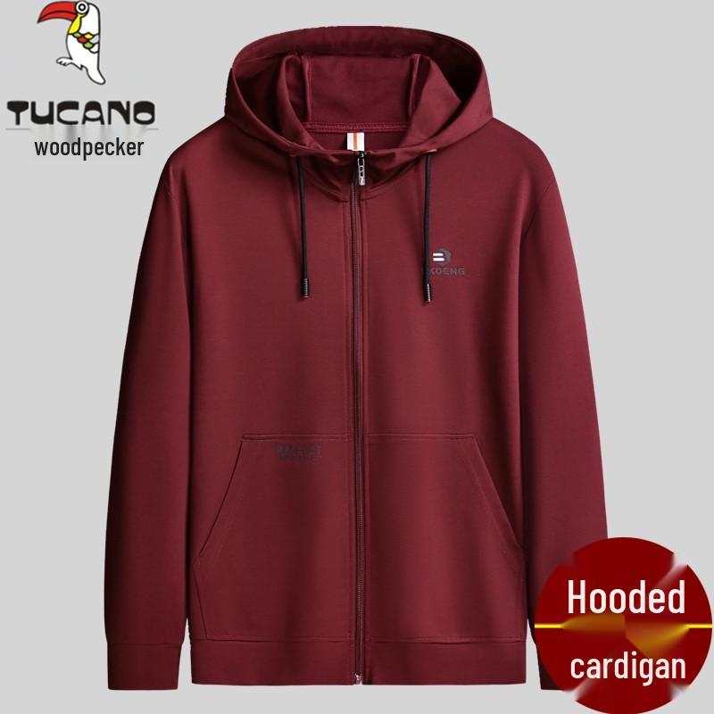 Men's Woodpecker Plus Red Knit Velvet Hoodie Jacket - Plus Size, Thin Fleece, Autumn/Winter Sports Cardigan
