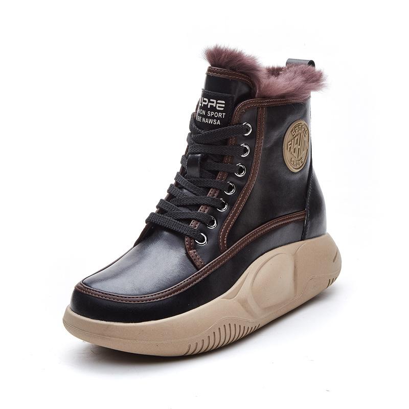 2025 Winter Genuine Leather Shoes Women Snow Boots Height Increasing 4cm Warm Plush Women Ankle Boots Black White
