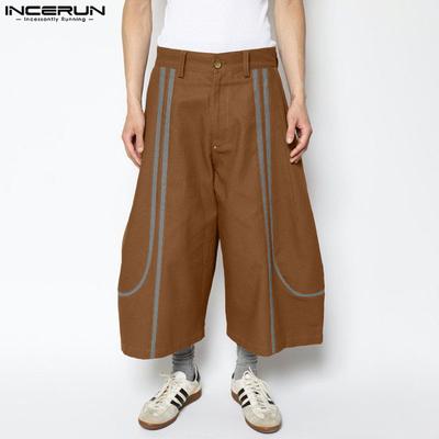 Calças Casuais Cropped de Perna Larga com Zíper na Cintura e Costura Listrada Masculina