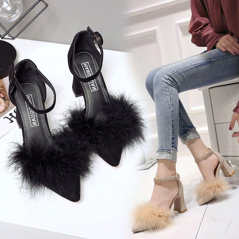 High heels autumn and winter Mao Mao women's shoes thick heel student versatile new pointed one-word buckle fashion single shoes tide