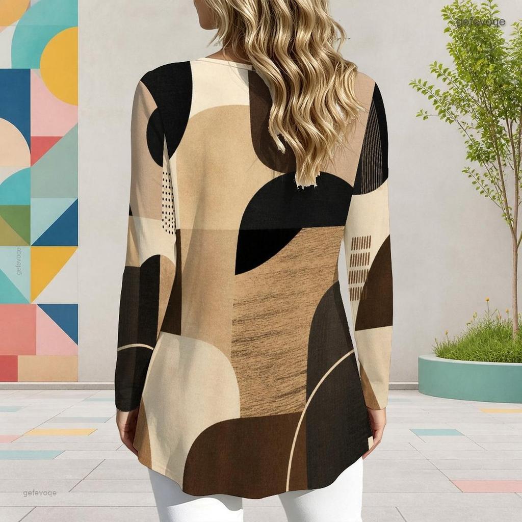 Women Plus Size Keyhole Ring Neck Long Sleeve Printed T Shirt Pink Grey White