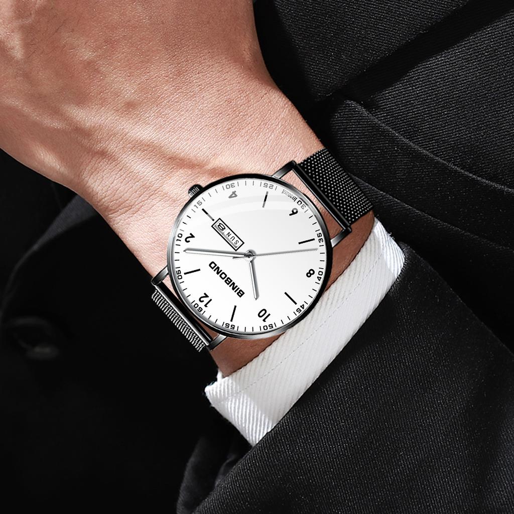 BINBOND Luxury Quartz Wristwatches For Men Luminous Waterproof Week Display Auto Date Men's Watch Stainless Steel Reloj