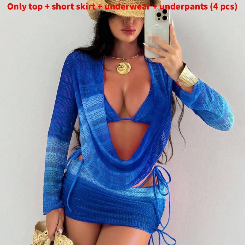 Womens Swimwear Set With Sheer Mesh Long Sleeve Coverup Bikini 4piece For Beach Relaxation