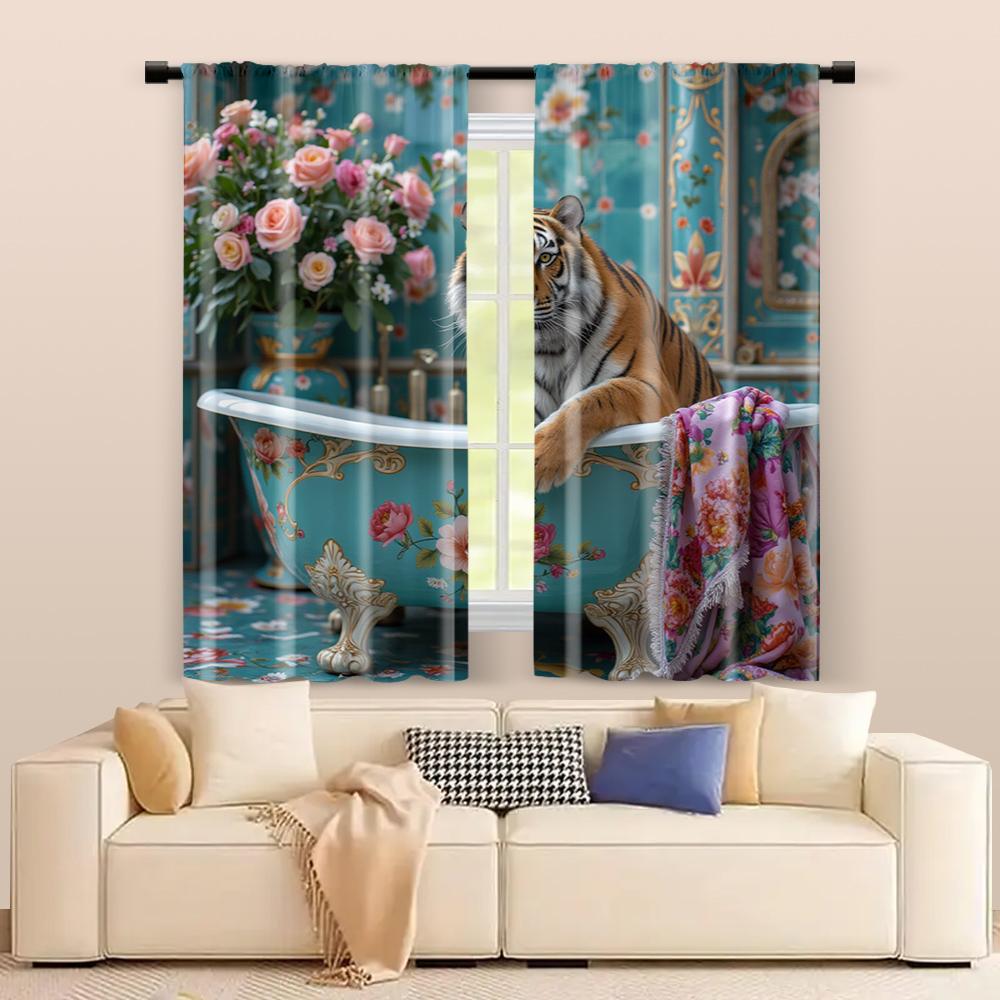 2 Stück Filtervorhänge (Ausgenommen sind Stangen, die ohne Batterien nicht beweglich sind.) Eleganter Tiger in Badewanne zur Verwendung in Schlafzimmern und