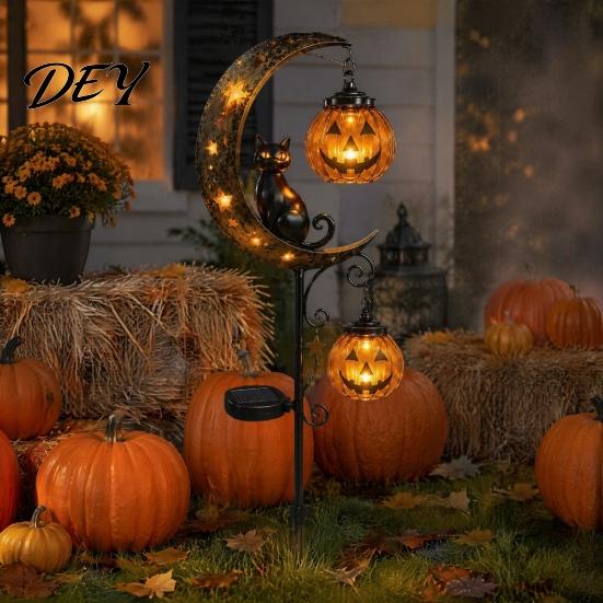 Seasonal Patio And Porch Decor Halloween Solar Garden Stake Light, Black Cat Pumpkin On Crescent Moon with Waterproof Stakes for Flower Beds