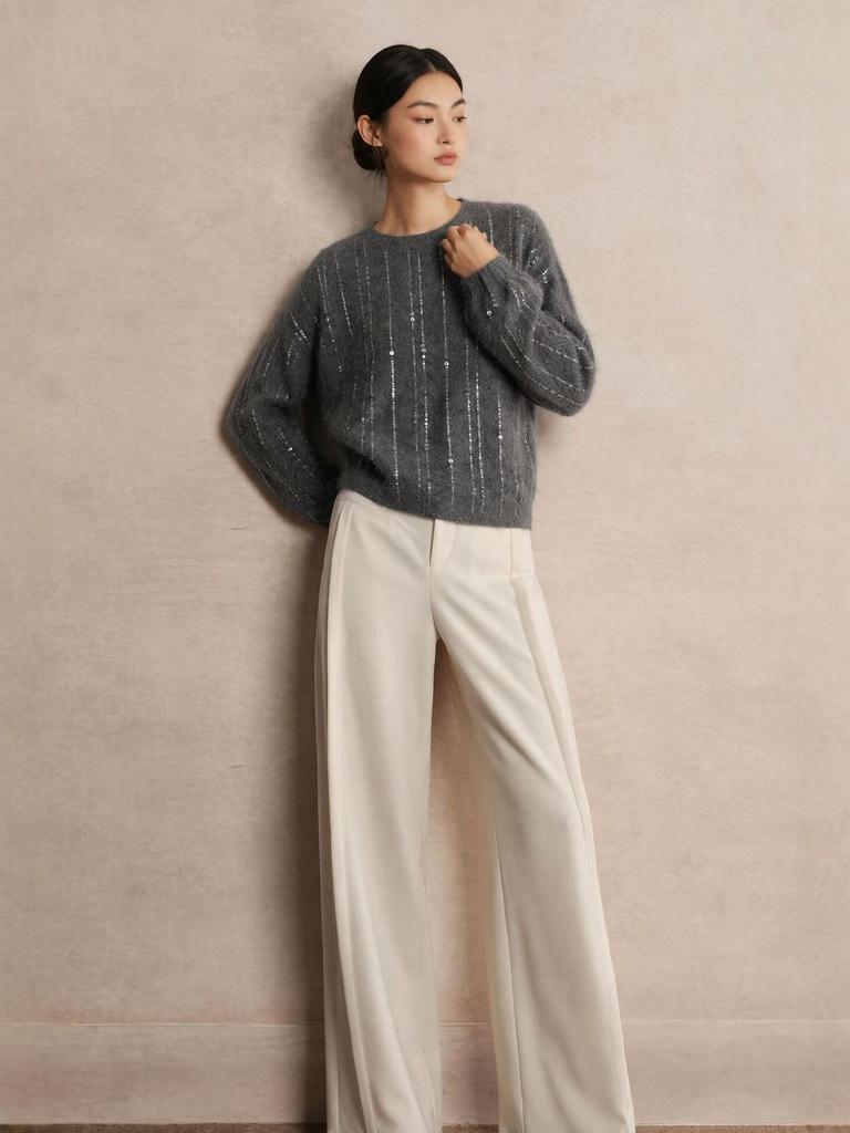 Women's Gray Sequin Stripe Round Neck Loose Knit Sweater - Autumn/Winter Style