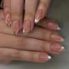 24Pcs Short Almond Press On Nails Nude Pink Glossy With Silver Edge Full Cover Artificial Nails For Daily Wear