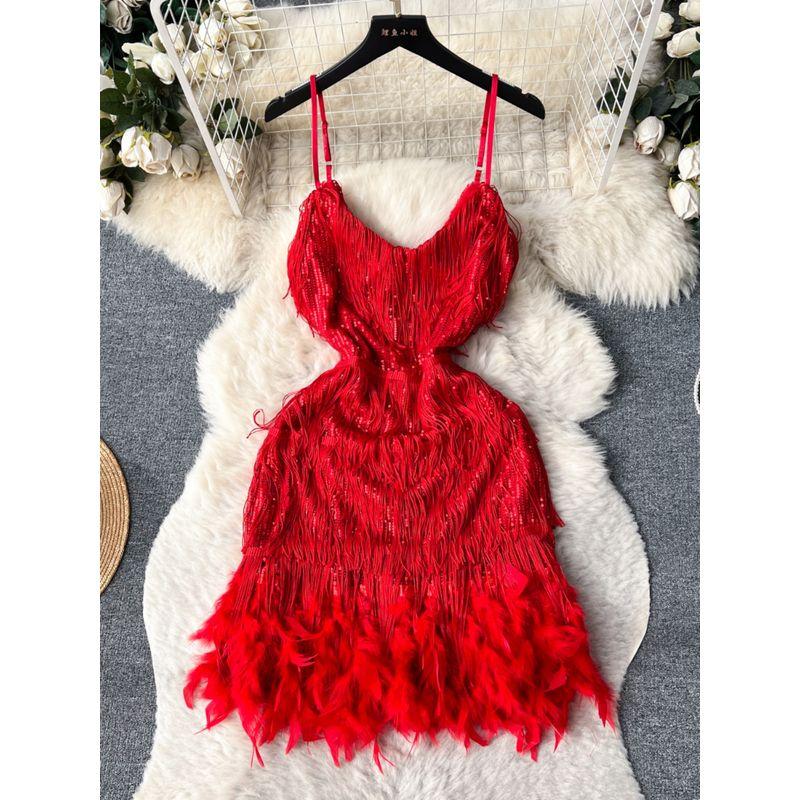 Feather Dress Ins Open Back Sling Tassel Sequins