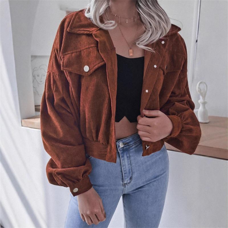 Women Loose Lantern Long Sleeve Corduroy Casual Short Jacket Outerwear