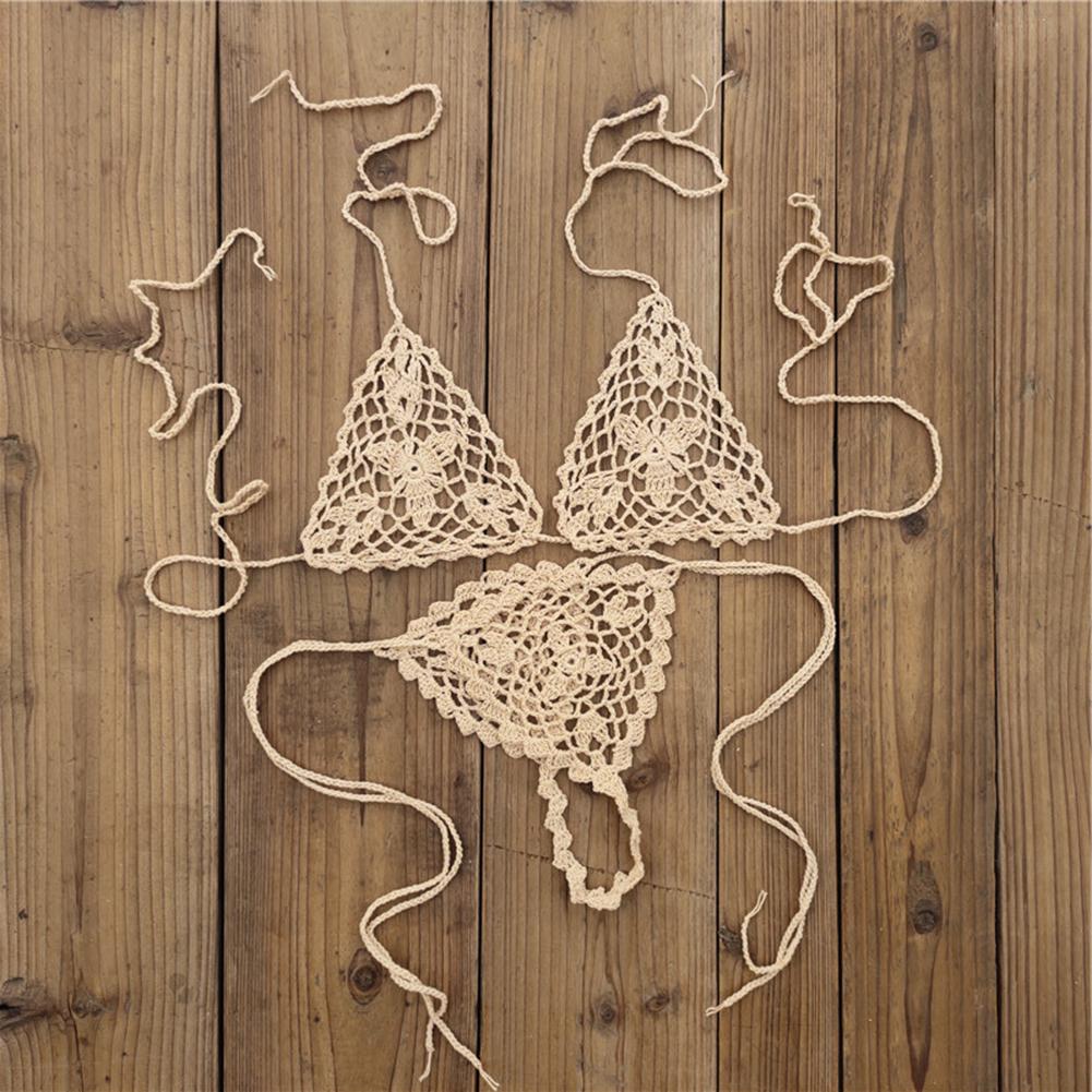 Handgefertigte Häkel-Bikini-Sets Badebekleidung Handgefertigter Badeanzug Weiß Damen-Bikini-Sets Netzstoff Seitenbändchen Design beige