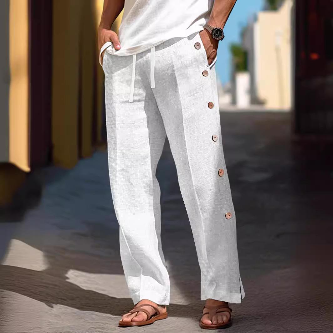 

Men s Casual Green Wide Leg Pants with Side Button Details and Matching White T-Shirt S белый