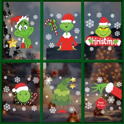 Green Christmas Character Electrostatic Stickers, Decorative Glass Window Stickers, Window Display Atmosphere Stickers