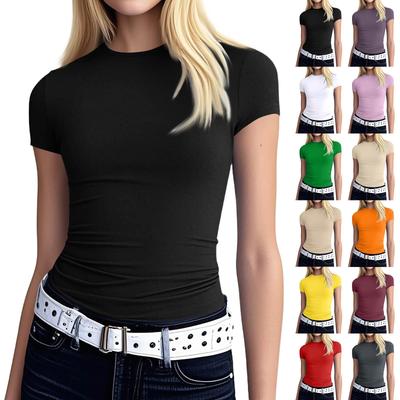 Women's Fashion Pullover Slim T-shirt Round Neck Short Sleeve Solid Color Top