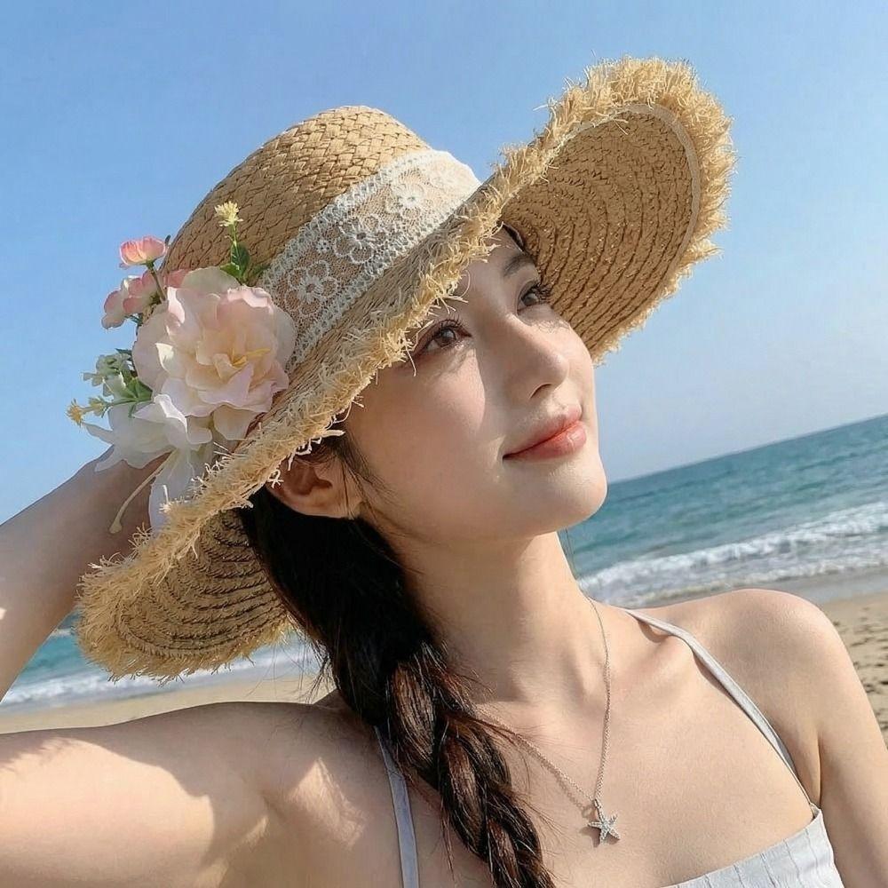 Wide Brim Lace Flower Straw Hat Boho UV Protection Cap Comfortable To Wear Weave Flat Cap  Travel