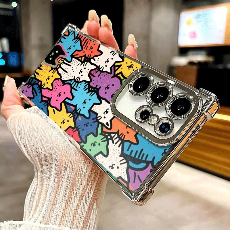 Cartoon Cute Cats Theme Plating Phone Case For Samsung Galaxy S24 S25 FE S26 Edge S23 Ultra S22 S21 Plus S20 Anti-Fall Airabag C