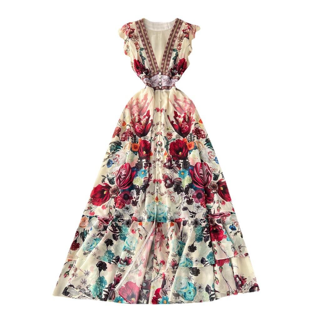 Summer Sweet Ethnic Style Retro Deep V-neck Wooden Ear Edge Sleeveless Printed Dress Women Cake Fairy Long Dress