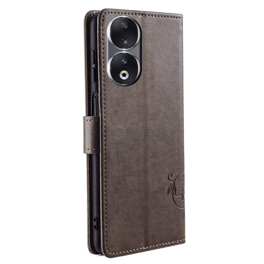 For Honor 90 Case Butterfly Flower PU Leather Stand Phone Cover with Wrist Strap Card Slots