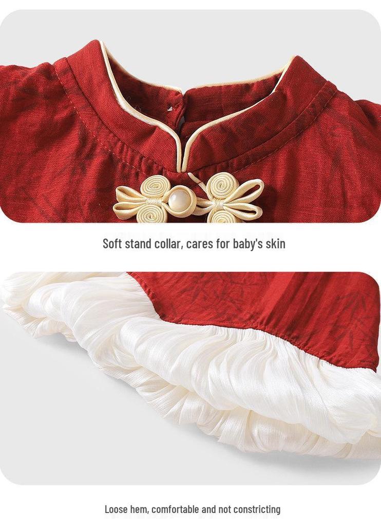 Youqi Chinese Style Baby Princess Summer Dress, 100-Day Celebration Red Gauze Gown
