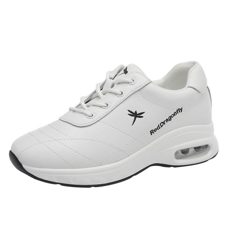 Red Dragonfly Women's Height-Increasing Thick-Soled White Leather Casual Shoes for Spring, Autumn, and Winter