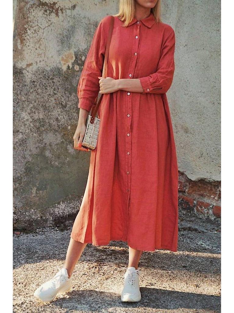 2023 Cotton Linen Solid Color Shirt Collar Long Casual Dress