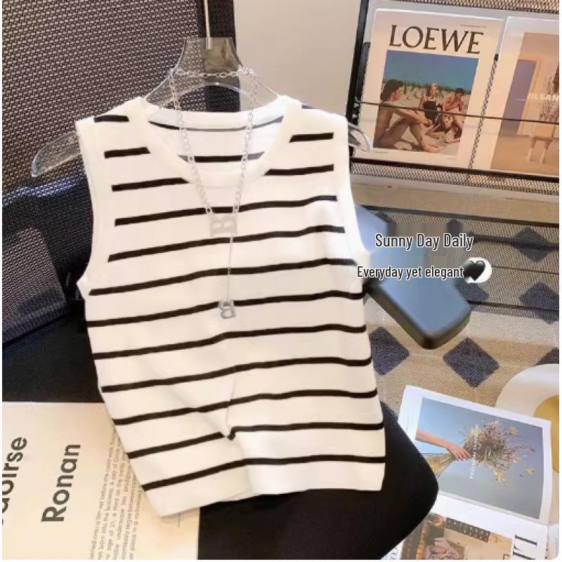 

Women s Striped Camisole Tank Top - Versatile Knit Short Sleeve T-shirt for Spring, Summer, and Autumn. S белый