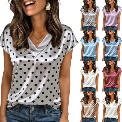 Women Short Sleeve Polka Dot Print Satin Shirt V Neck Casual T Shirt Lightweight Blouse for Daily Wear and Outdoor Activities