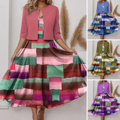 2 Pcs/Set Women Coat Dress Set Half Sleeve Cardigan V Neck Colorblock Plaid Print Sleeveless A-line Loose Hem Dress Prom Midi Dress Set