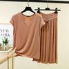Plus Size M To 6XL Modal Casual Pajamas Sets V-Neck Sleeves Tshirts with Drawstring Ruffle Trim Cropped Pants High Waist Loose Fit Lounge Sets